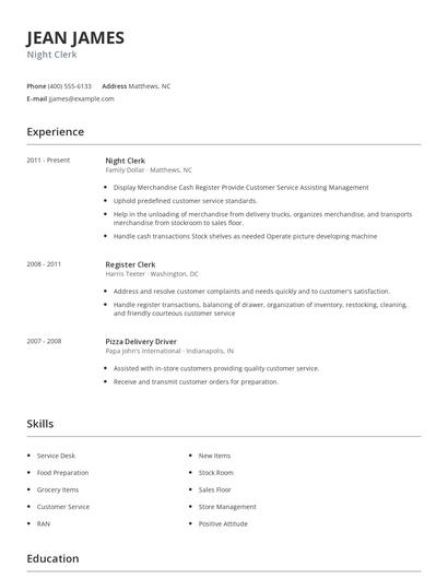 Night Clerk Resume