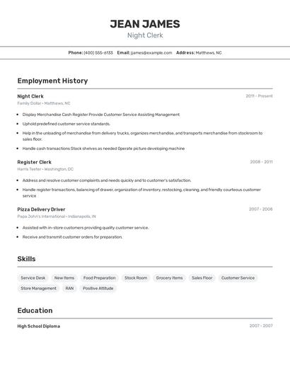 Night Clerk Resume
