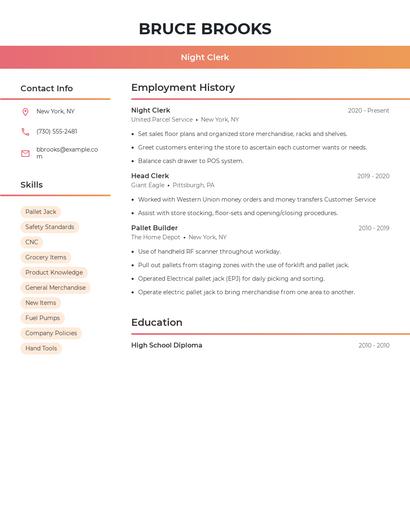 Night Clerk Resume