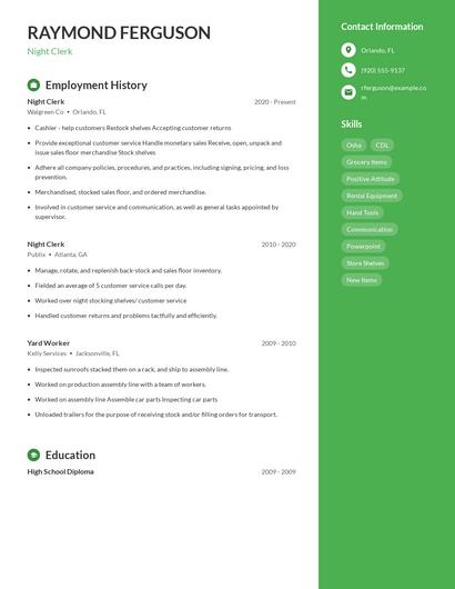 Night Clerk Resume