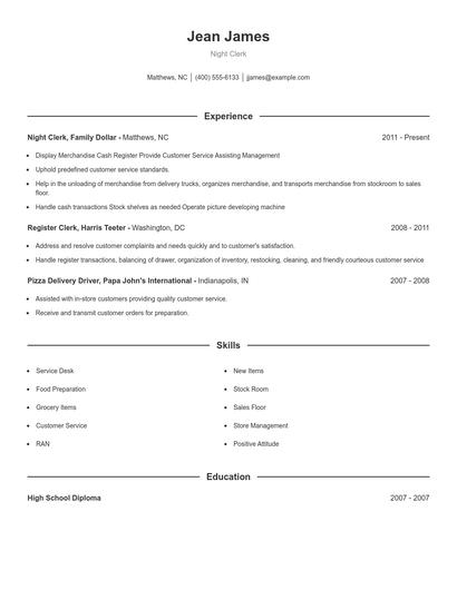 Night Clerk Resume