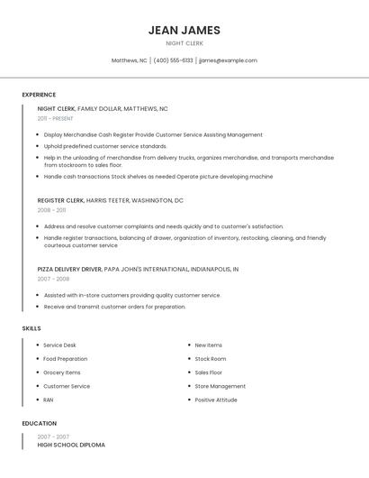 Night Clerk Resume