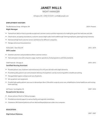 Night Manager Resume