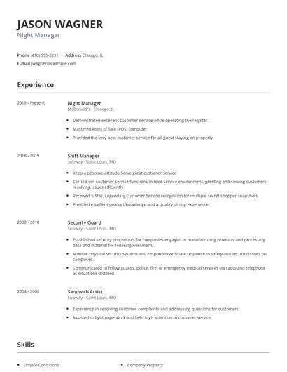 Night Manager Resume