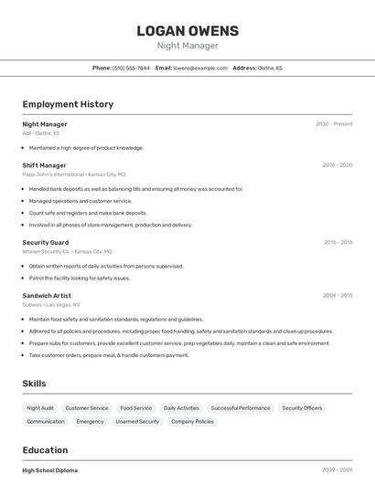 Night Manager Resume