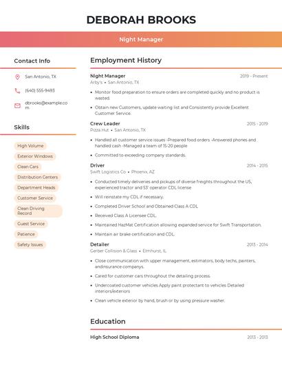 Night Manager Resume