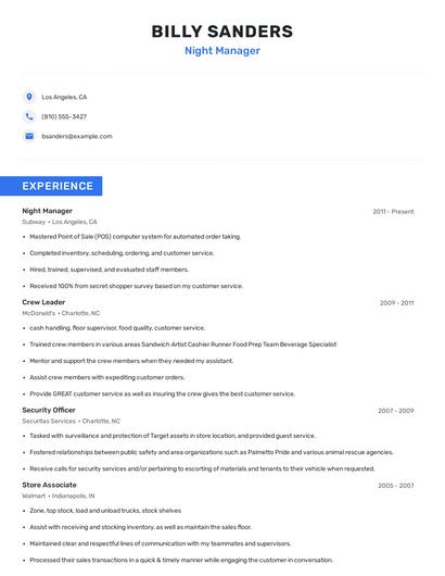Night Manager Resume
