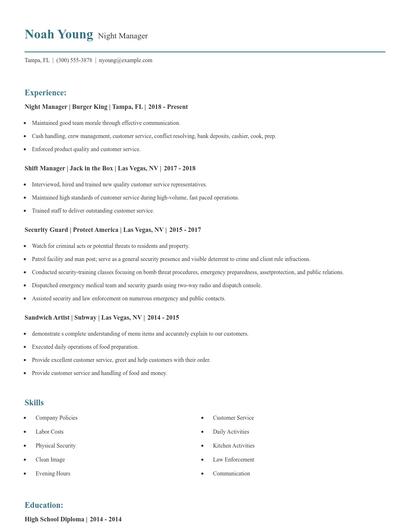 Night Manager Resume