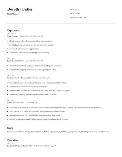 Night Manager Resume