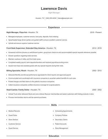 Night Manager Resume