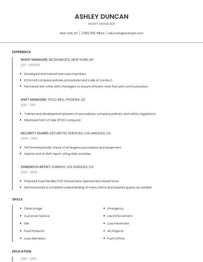 Night Manager Resume