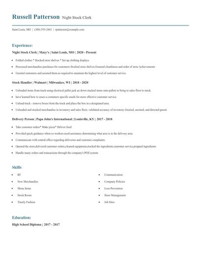 Night Stock Clerk Resume