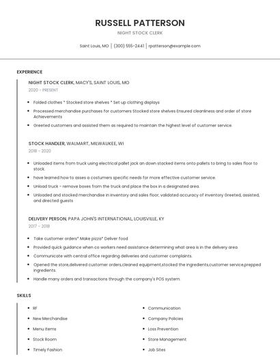 Night Stock Clerk Resume