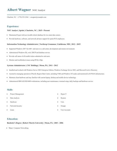 NOC Analyst Resume