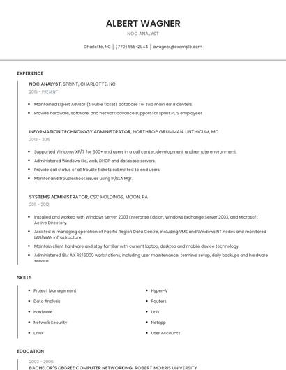 NOC Analyst Resume