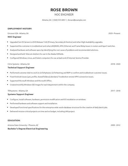 NOC Engineer Resume