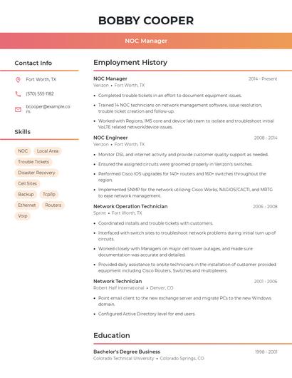 NOC Manager Resume