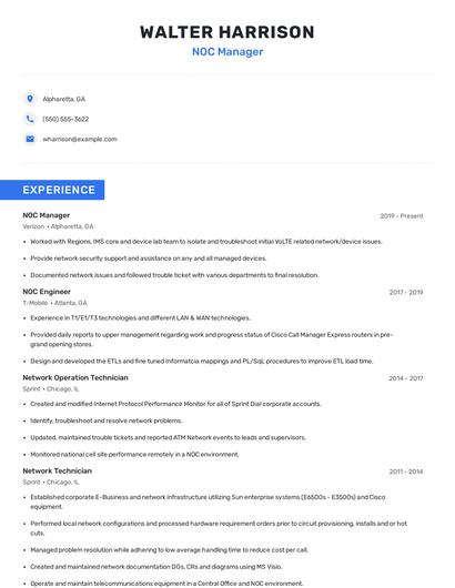 NOC Manager Resume