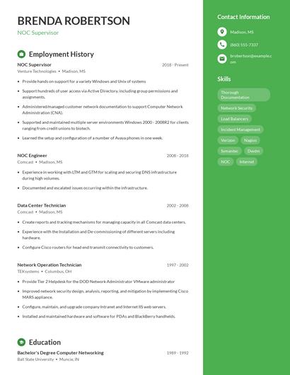 NOC Supervisor Resume