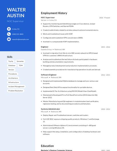 NOC Supervisor Resume