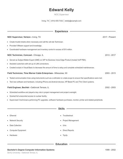 NOC Supervisor Resume