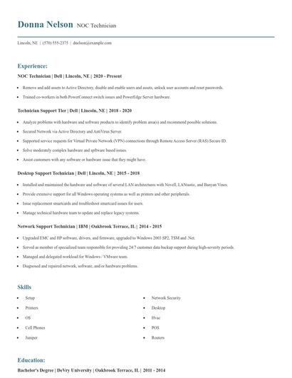 NOC Technician Resume