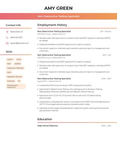 Non-Destructive Testing Specialist Resume