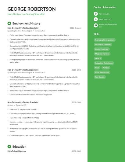 Non-Destructive Testing Specialist Resume