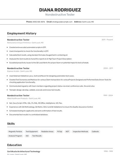 Nondestructive Tester Resume