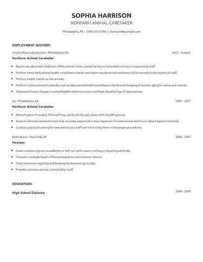 Nonfarm Animal Caretaker Resume