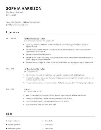 Nonfarm Animal Caretaker Resume