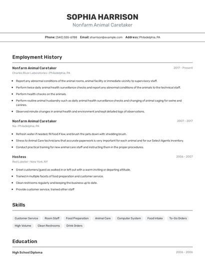 Nonfarm Animal Caretaker Resume