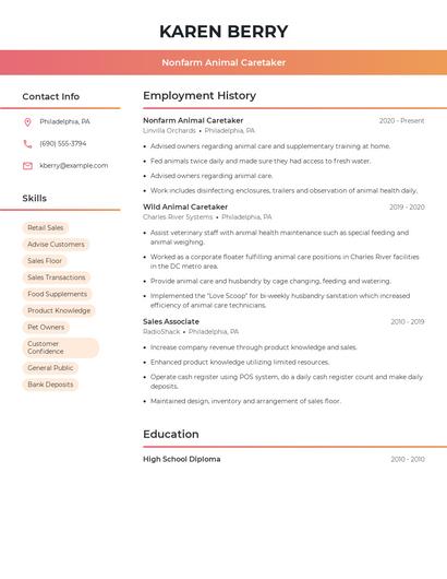 Nonfarm Animal Caretaker Resume