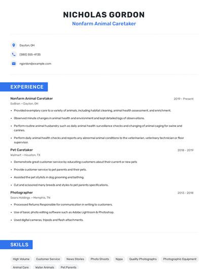 Nonfarm Animal Caretaker Resume