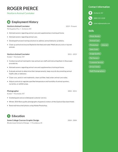 Nonfarm Animal Caretaker Resume