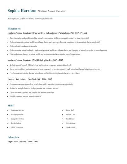 Nonfarm Animal Caretaker Resume