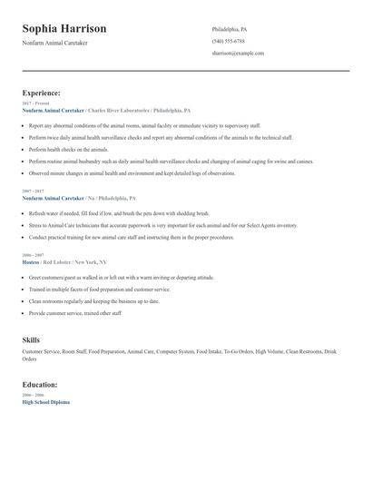 Nonfarm Animal Caretaker Resume