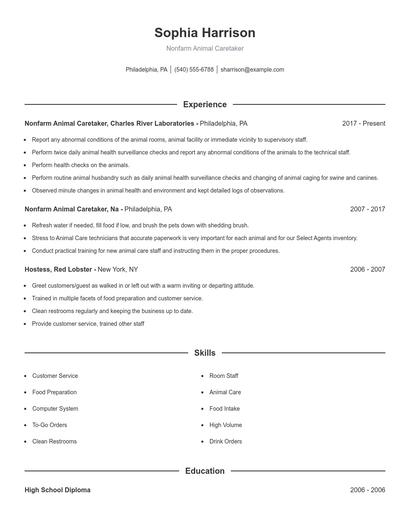 Nonfarm Animal Caretaker Resume