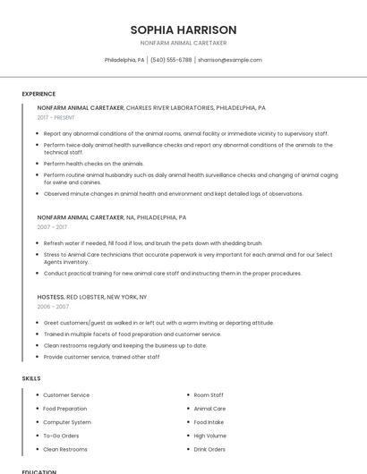 Nonfarm Animal Caretaker Resume