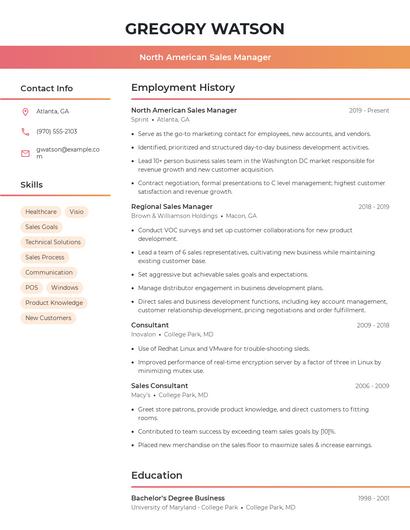 North American Sales Manager Resume