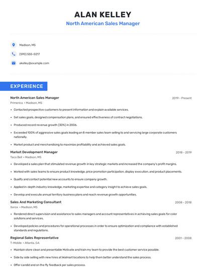 North American Sales Manager Resume