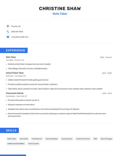 Note Taker Resume