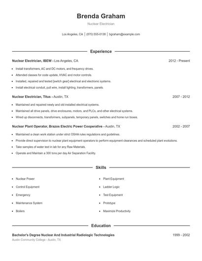 Nuclear Electrician Resume