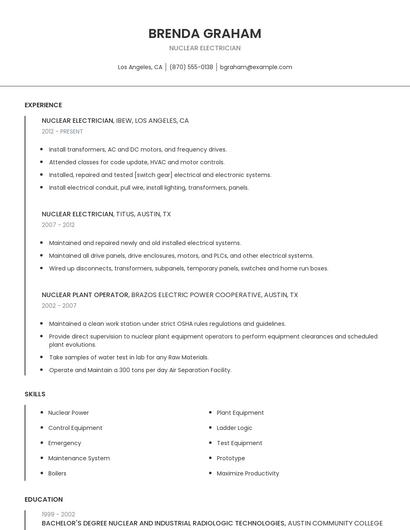 Nuclear Electrician Resume