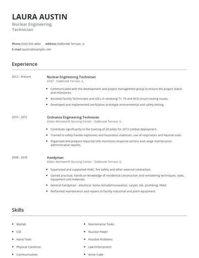 Nuclear Engineering Technician Resume