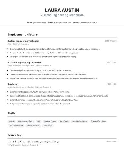 Nuclear Engineering Technician Resume