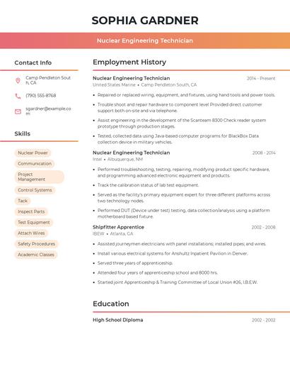 Nuclear Engineering Technician Resume