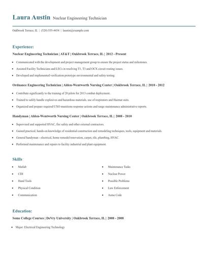 Nuclear Engineering Technician Resume