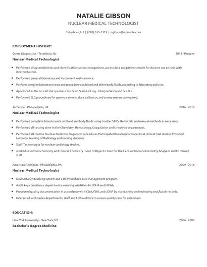 Nuclear Medical Technologist Resume