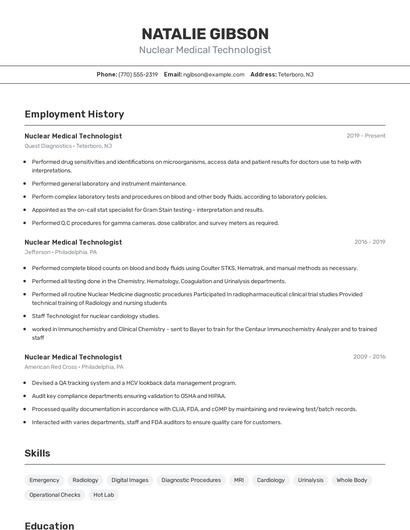Nuclear Medical Technologist Resume